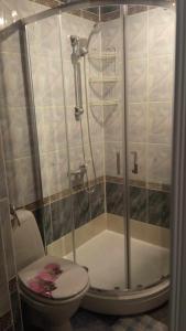 a bathroom with a shower with a toilet and a shower at Town House in Kėdainiai