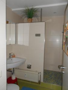 La salle de bains est pourvue d'un lavabo et d'une douche avec une plante. dans l'établissement Ferienwohnung F402 für 2-4 Personen an der Ostsee, à Brasilien