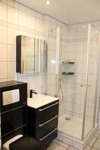 a bathroom with a shower and a sink and a toilet at Ferienwohnung L432 für 2-4 Personen an der Ostsee in Brasilien