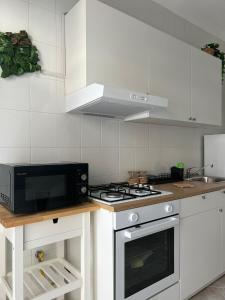 uma cozinha com um micro-ondas e um fogão forno superior em La Veronica Apartment em Nápoles