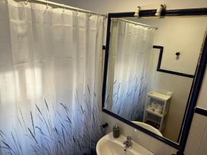a bathroom with a shower curtain and a sink at Sevilla Saltera casa RURAL cerca centro de Sevilla Familiar - Trabajo - Wifi in Salteras +37 photos