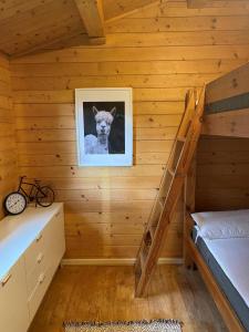 a room with a bed and a picture of a llama at Lütt Piergorn 2 in Dahme