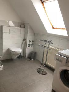 uma casa de banho com um WC e uma máquina de lavar roupa em Jacobihof Haus 15 Wohnung 03 em Dahme