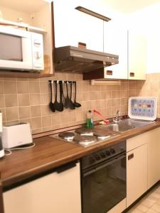 a kitchen with a sink and a stove top oven at Seeschloss 34 in Dahme +2 photos