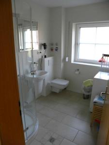 a bathroom with a shower and a toilet and a sink at Jacobihof Haus 9 Wohnung 02 in Dahme