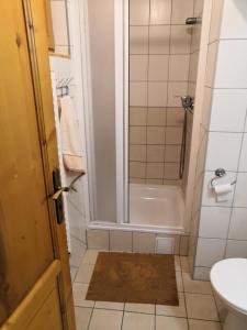 a bathroom with a shower and a toilet and a sink at Chata Pod Jedľou in Liptovský Mikuláš
