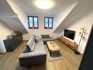 a living room with a couch and a television at Apartmán v Kašperských Horách in Kašperské Hory