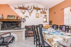 Dolenja Vas的住宿－Casa Monte Maggiore，一间带桌子和壁炉的用餐室