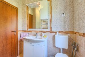 a bathroom with a sink and a toilet and a mirror at Im Jahr 2014 renoviertes Ferienhaus 400 Meter zum Strand in Premantura