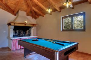 a pool table in a room with a fireplace at Ferienhaus mit Jacuzzi und Taverne mit Billard in Ližnjan