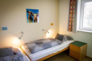 ein Schlafzimmer mit einem Bett, zwei Lampen und einem Fenster in der Unterkunft Bootsmann Gollendorf – mit eingezäuntem Garten in Gollendorf