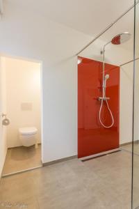 a bathroom with a shower with a toilet in it at Ferienhaus Rote Sau in Herrentierbach