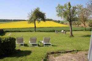 een groep stoelen in een veld met geel koolzaad bij Freistehendes Landhaus Paco mit 2100qm eingezäuntes Grundstück, Kamin, Sauna und besuchen Sie die Alpakazucht in der Nachbarschaft in Blaufelden