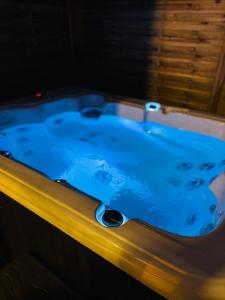 bañera de hidromasaje con agua azul en una habitación en Secrète loft, en Aucamville