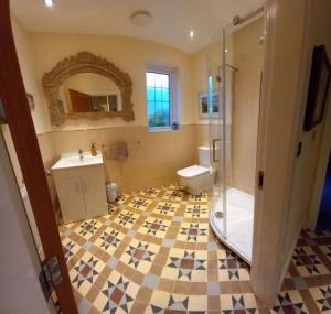 a bathroom with a toilet and a sink and a shower at No 4 suite in Lyme Regis