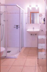 a bathroom with a glass shower and a sink at Ferienwohnung 4 Am Petersberg in Neef