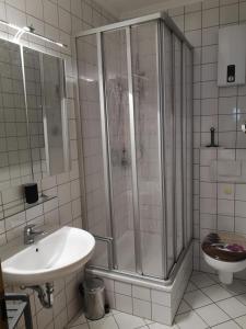ツェル・アン・デル・モーゼルにあるMosel Ferienhaus Reblausのバスルーム(シャワー、洗面台、トイレ付)