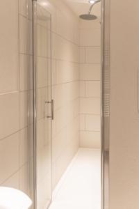 ツェル・アン・デル・モーゼルにあるFerienhaus Mosellageのバスルーム(ガラスドア付きのシャワー付)