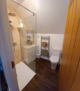a bathroom with a toilet and a glass shower at Oak Loft in Lyme Regis