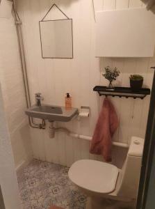 un piccolo bagno con servizi igienici e lavandino di Koselig rom med stue i Bodø sentrum a Bodø