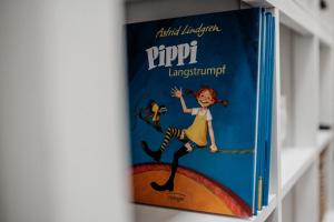 a book sitting on top of a shelf at Ferienhaus Kleiner Onkel in Grödersby
