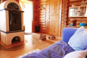 a living room with a blue couch and a tv at Mein Blockhaus in Hasselberg