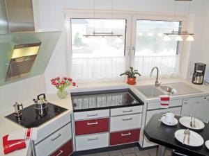 a small kitchen with red and white cabinets and a sink at Vincent in Kappeln