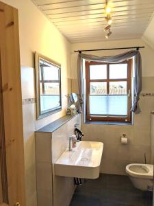 uma casa de banho com um lavatório, um WC e uma janela. em Pippilotta em Kronsgaard