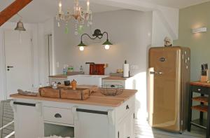 a kitchen with a counter and a refrigerator at Hafenheimat in Kappeln