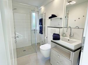 a bathroom with a toilet and a sink and a shower at Schlei-Idyll in Kappeln +15 photos