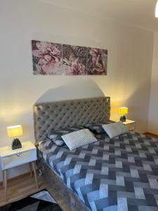 1 dormitorio con 1 cama grande y 2 mesitas de noche en Miss apartman, en Jagodina