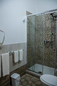 a bathroom with a shower and a toilet and towels at Blu Mare Lampedusa Bed And Breakfast in Lampedusa