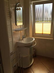 ein Bad mit einem Waschbecken, einem Spiegel und einem Fenster in der Unterkunft Apartments Haus an der Stems 30 & 31 in Prerow
