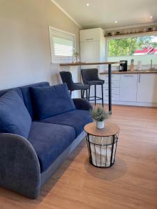 a living room with a blue couch and a table at Tiny House Max in Fedderwardersiel