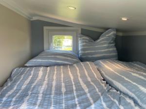 a bedroom with two beds and a window at Tiny House Max in Fedderwardersiel