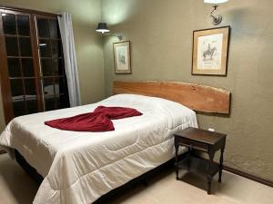 um quarto com uma cama com um roupão vermelho em Pousada Charqueada Costa do Abolengo em Pelotas