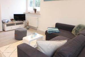 ein Wohnzimmer mit einem Sofa und einem TV in der Unterkunft Appartementvermittlung Mehr als Meer Objekt 50 in Timmendorfer Strand