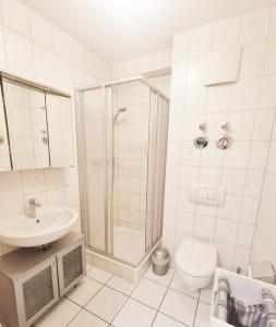 a bathroom with a shower and a sink and a toilet at Apartmentvermittlung Mehr als Meer - Objekt 77 in Niendorf