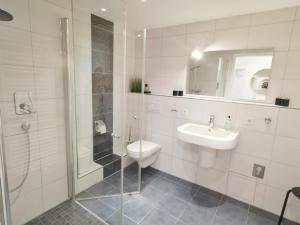 a bathroom with a shower toilet and a sink at Apartmentvermittlung Mehr als Meer - Objekt 65 in Niendorf