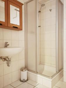 a bathroom with a shower and a sink at Apartmentvermittlung Mehr als Meer - Objekt 9 in Niendorf