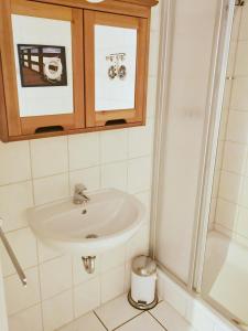 a bathroom with a sink and a shower at Apartmentvermittlung Mehr als Meer - Objekt 9 in Niendorf