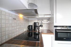 a kitchen with a stove and a microwave at Apartmentvermittlung Mehr als Meer - Objekt 70 in Niendorf