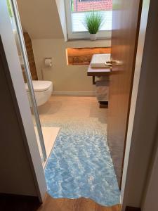 ein Badezimmer mit einem WC und einem blauen Teppich in der Unterkunft FEWO Baltrum in Bad Zwischenahn