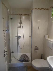 a bathroom with a shower with a toilet and a sink at Ferienwohnung Meerleben in Duhnen