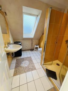 een badkamer met een douche en een wastafel bij Nixe in Scharbeutz