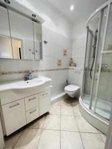 a bathroom with a toilet and a sink and a shower at Bellevue Nr. 17 in Scharbeutz