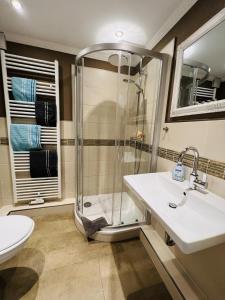 a bathroom with a shower and a sink and a toilet at Haus Larum App. 5 in Scharbeutz