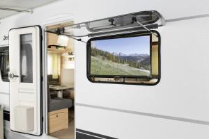 a view from the inside of an rv with a mirror at Campingplatz Wusterhausen in Wusterhausen