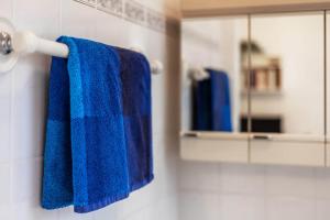 uma toalha azul pendurada num toalheiro na casa de banho em Gästehaus Wendland - Timmendorfer Strand em Timmendorfer Strand
