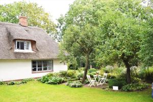 einen Hof mit einem strohgedeckten Haus mit Stühlen und Bäumen in der Unterkunft Heimathafen in Bordelum